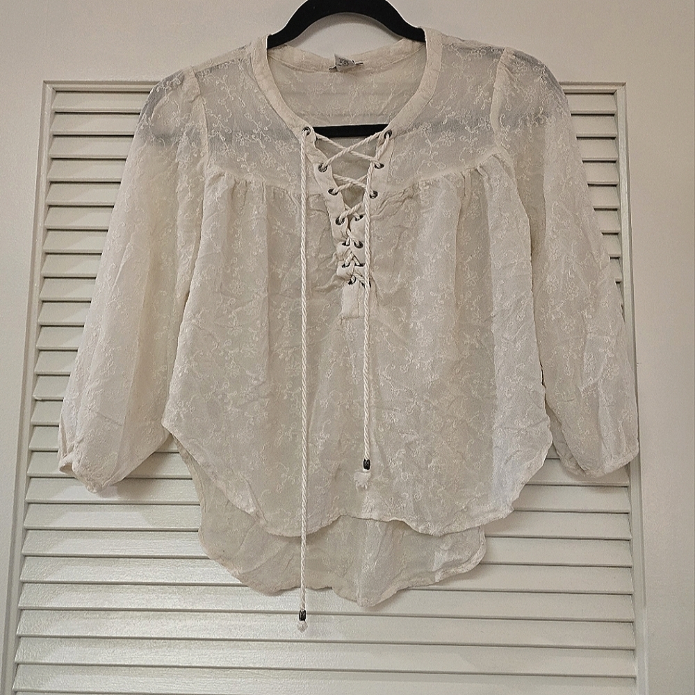 Forever 21 - Cream Lace-Up Lightweight Floral Long-Sleeve Top